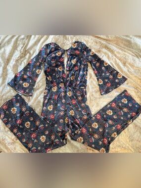 Victoria's Secret Navy Floral Bell-Sleeve Jumpsuit with Red and Cream Flowers